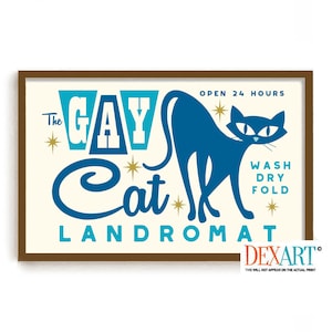 Gay Art Laundry Room Decor Cat Wall Print, Atomic Cat Mid Century Modern Art, Retro Wall Art Blue Cat, Cat Mom, Laundry Sign Washing Machine