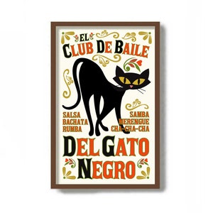 Latin Dance Art, Cat Lover Gift, Mid Century Wall Art, Black Cat Print, Mexico City, Mexican Folk Art, Spanish Decor, Mexican Wall Art