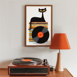 Lámina artística de gato negro, decoración de discos de vinilo, póster de música rock, estilo moderno de mediados de siglo, gato atómico, almacenamiento de discos, tocadiscos, regalo para amantes de los gatos