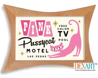 Las Vegas Art Print, Pink Pussycat Retro Motel Sign, Cat Lover Gift, Mid Century Modern Wall Art, Vintage Television, Nevada Decor