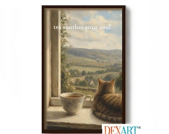Tea Wall Art Print, Cat Kitchen Wall Decor, Tea Soothes Your Soul, Farmhouse Poster, Tea Cup, Countryside Painting, Calming Wall Art