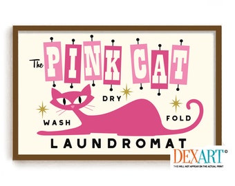 Laundry Room Decor Atomic Cat Art Print, Pink Decor Wall Art, Mid Century Modern Art, Retro Wall Art, Cat Mom, Laundry Sign Washing Machine