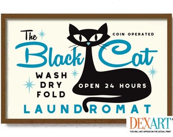 Atomic Cat Mid Century Modern Art Print, Laundry Room Decor Cat Wall Art, Black Cat Art, Cat Mom, Laundry Sign, Washing Machine