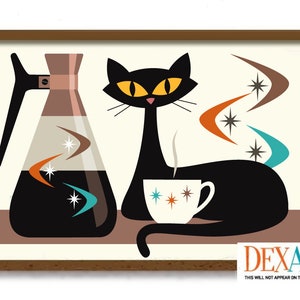 Arte de pared moderno de mediados de siglo, impresión de arte de cocina, regalo de amante del gato negro, decoración de cocina, regalo de amante del café, cafetera retro, arte de estrella atómica imagen 1