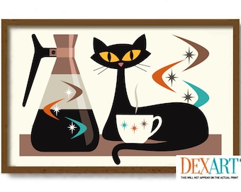 Mid Century Modern Wall Art, Kitchen Art Print, Black Cat Lover Gift, Kitchen Decor, Coffee Lover Gift, Retro Coffee Pot, Atomic Star Art