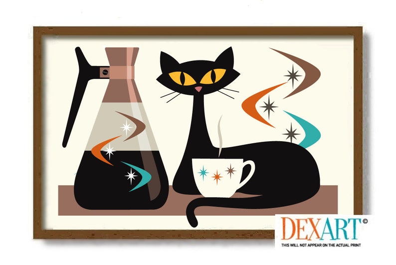 Arte de pared moderno de mediados de siglo, impresión de arte de cocina, regalo de amante del gato negro, decoración de cocina, regalo de amante del café, cafetera retro, arte de estrella atómica imagen 1