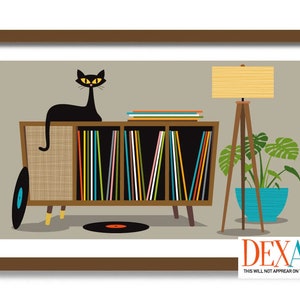 Mid Century Modern Wall Art, Retro Sideboard, Black Cat Art Print, Vinyl Record Storage, Old Record Player, MCM Wall Art Cat Lover Gift Idea image 1