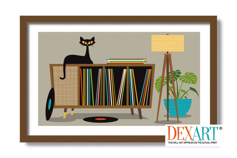 Mid Century Modern Wall Art, Retro Sideboard, Black Cat Art Print, Vinyl Record Storage, Old Record Player, MCM Wall Art Cat Lover Gift Idea image 1