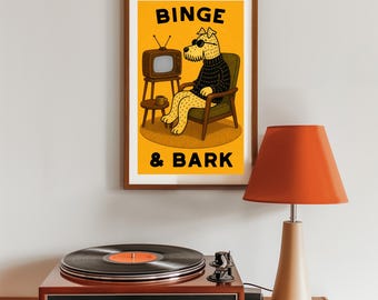 Dog Art Print, Funny Dog Poster, Retro TV Show, Mid Century Modern Wall Art, Dog Lover Gift, Dog Mom, Hip Dog, BW TV Television