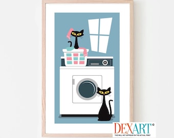 Lámina de gato, decoración de lavadero, arte mural moderno de mediados de siglo, letrero de lavandería, idea de regalo de gato negro, regalo para amantes de los gatos, cesta de lavandería