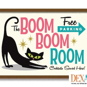 Póster de discoteca, regalo retro para amantes de los gatos, impresión artística moderna de mediados de siglo, decoración de pared de gato negro, arte de martini, póster de cócteles, regalos de camarero
