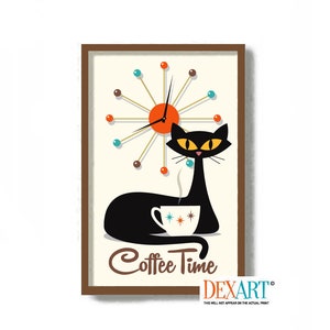 May include: A black cat with yellow eyes sits with a cup of coffee in front of a mid-century modern clock. The text "Coffee Time" is below the cat.