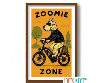 Zoomies Dog Wall Art Print, Ebike Decor, Mid Century Modern Atomic Bicycle Dog Wall Art Print, Funny Dog Poster