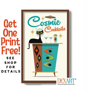 Mid Century Modern Atomic Cocktail Bar Wall Art, Black Cat Art Print ...