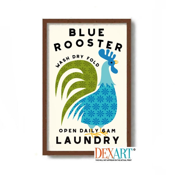 Rooster Wall Art Print, Laundry Room Decor, Mid Century Modern, Laundry Sign, Washing Machine, Wash Dry Fold