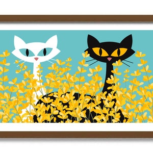 Jasmine Plant Flower Cat Art Print, Mid Century Modern Art, Black Cat Lover Gift, Buttercup Flower Wall Art, White Cat Art, Floral Print