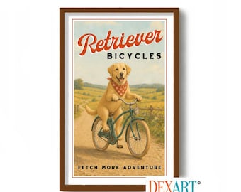 Labrador Retriever Dog Wall Art Print, Vintage Bicycle Decor, Yellow Lab Dog Riding Bike, Funny Dog Poster