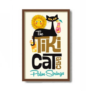 Palm Springs Tiki Bar Sign, Black Cat Art Print, Mid Century Modern Art, Cat Gifts, California Decor, Bartender Gift