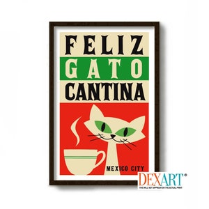 Spanish Poster, Mid Century Modern Wall Art, Cat Lover Gift, Mexican Folk Art, Catina Sign, Kitchen Art Print, Coffee Poster Sign Coffee Cup