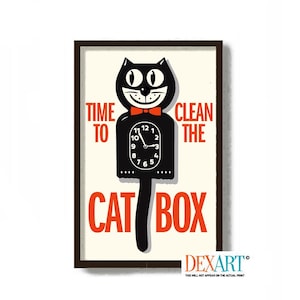 May include: A black cat clock with a red bow tie and the words "Time to Clean the Cat Box" in red letters. The clock face is white with black numbers and hands.