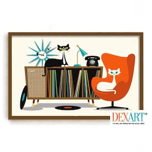 Mid Century Modern Cat Art Print, Atomic Cat Gifts, Retro Sideboard, Tuxedo Cat Art, Cat Lover Gift Vinyl Record Storage Old Record Player
