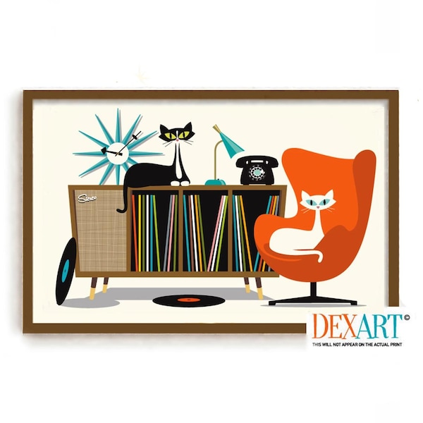 Mid Century Modern Cat Art Print, Atomic Cat Gifts, Retro Sideboard, Tuxedo Cat Art, Cat Lover Gift Vinyl Record Storage Old Record Player