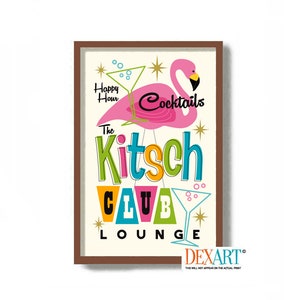 Kitsch Decor Pink Flamingo Art, Mid Century Modern Wall Art Print, Cocktail Sign, Poster for Tiki Bar, Atomic Art, Rat Pack, Martini Glass