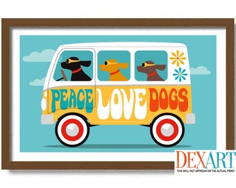 Mid Century Modern Dog Art Print, Hippie Van, RV Camper Bus, Woodstock, Black Lab, Retro Camper, Dog Lover Gift, Cute Dog Wall Art