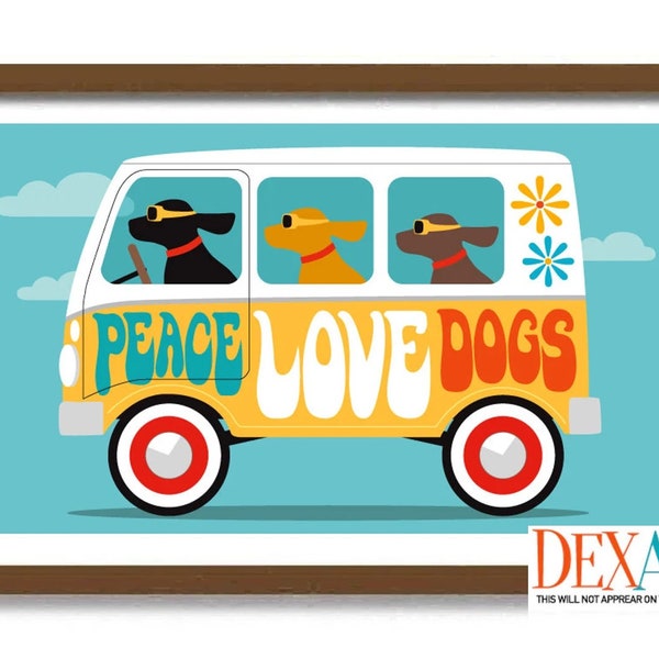 Mid Century Modern Dog Art Print, Hippie Van, RV Camper Bus, Woodstock, Black Lab, Retro Camper, Dog Lover Gift, Cute Dog Wall Art