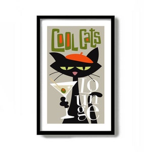Gin Gifts, Mid Century Modern Art, Black Cat Art Print, Martini Art, Cocktail Poster, Bartender Gifts, Cat Lover Gift, Martini Glasses