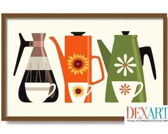 Mid Century Modern Kitchen Print, Colorful Coffee Tea Pots