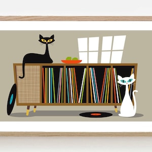 Mid Century Modern Wall Art Cat Print, Cat Gifts, Retro Sideboard, Black Cat Art, Cat Lover Gift, Vinyl Record Storage Old Record Player