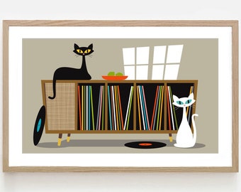 Mid Century Modern Wall Art Cat Print, Cat Gifts, Retro Sideboard, Black Cat Art, Cat Lover Gift, Vinyl Record Storage Old Record Player