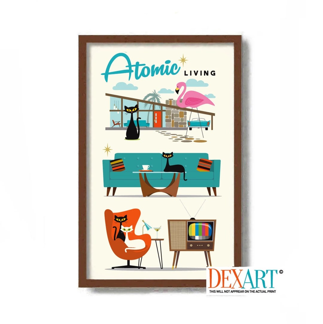 Mid Century Modern Wall Art Print, Atomic Cat Art Decor, Palm Springs ...