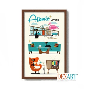 Mid Century Modern Wall Art Print, Atomic Cat Art Decor, Palm Springs House, Cat Lover Gift, Black Cat, Cat Mom, Contemporary Home