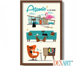 Mid Century Modern Wall Art Print, Atomic Cat Art Decor, Palm Springs House, Cat Lover Gift, Black Cat, Cat Mom, Contemporary Home