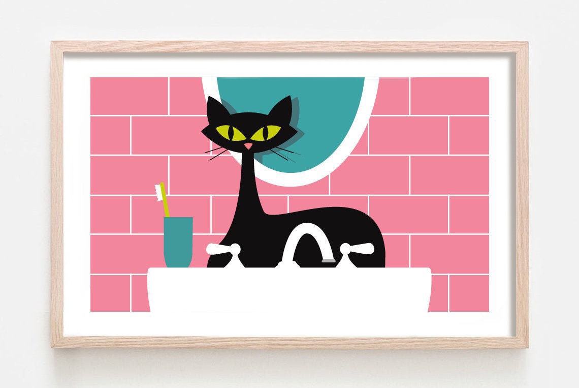 Cat Bathroom Decor Black Cat Art Print Mid Century Modern Etsy