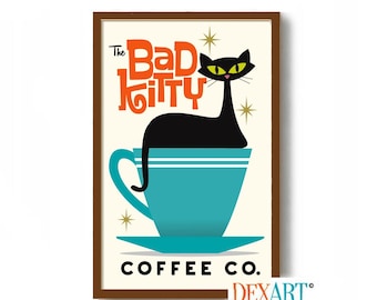May include: A framed print featuring a black cat sitting in a teal coffee cup. The words "The Bad Kitty Coffee Co." are displayed in orange and black text. The artwork has a retro, mid-century modern style.