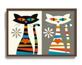 Mid Century Modern Wall Art, Black Cat Print, White Cat Print Gift Idea, Striped Cat Lover Gift