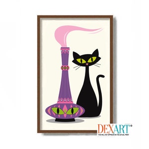 Genie in a Bottle Art Print, Cat Mom Gift, Black Cat Art, Genie Lamp, Mid Century Modern Art, Best Friend Gift, Cat Lover Gift, Atomic Cat