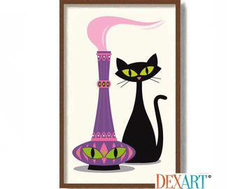 Genie in a Bottle Art Print, Atomic Cat Mom Gift, Black Cat Art, Genie Lamp, Mid Century Modern Art, Best Friend Gift, Cat Lover Gift