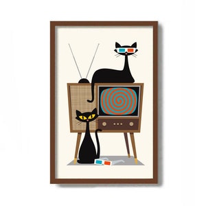 Mid Century Modern Art, Black Cat Art Print, 3D Glasses, Vintage Television, Living Room Wall Art Cat Lover Gift Retro TV Mens Cat Art