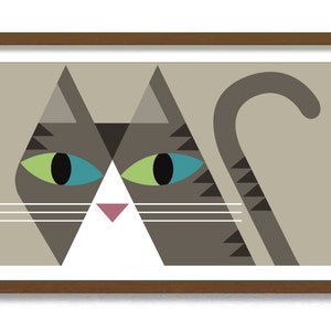 Grey Tabby Cat Art Print, Mid Century Modern Cat Wall Decor, Tabby Cat Gift Idea, Cat Lover, Striped Cat, Abstract Art, Retro Cat