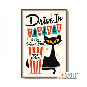 Mid Century Modern Art Print, Cat Lover Gift, Drive In Movie Sign, Retro Car, Living Room Wall Art, Movie Night, Atomic Art, Cat Poster