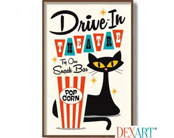 Impresión de arte moderno de mediados de siglo, regalo para amantes de los gatos, señal de conducción en película, coche retro, arte de la pared de la sala de estar, noche de cine, arte atómico, cartel de gato