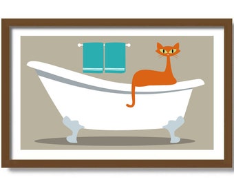 Cat  Bath Art Print, Mid Century Modern Art, Orange Cat Lover Gift Idea, Bathroom Decor, Claw Foot Tub, Bath Time, Cat Poster, Tabby Cat