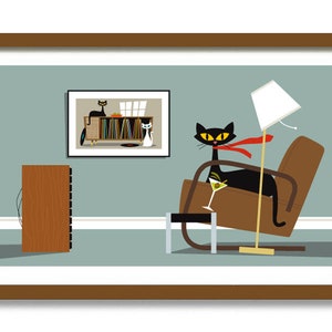 Audiophile Gift, Mid Century Modern Art Print Black Cat Lover Gift, Vintage Record Player, Stereo Speaker, Atomic Cat Vinyl, Record Storage