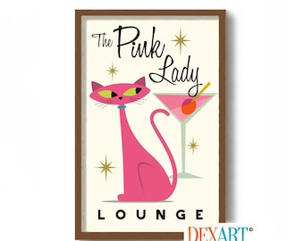 Pink Lady Cocktail Cat Art Print, Mid Century Modern Atomic Bar Wall Art, Martini Glass, Bartender Gift, Cat Lover Gift, Alcohol Wall Art
