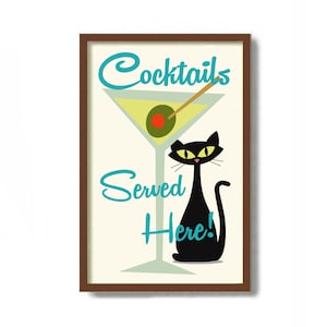 Lámina de arte moderno de mediados de siglo, regalo para amantes de los gatos, regalos de ginebra, lámina de gato negro, arte de martini, póster de cócteles, regalos de camarero, copas de martini