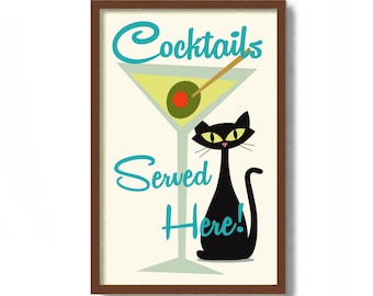 Lámina de arte moderno de mediados de siglo, regalo para amantes de los gatos, regalos de ginebra, lámina de gato negro, arte de martini, póster de cócteles, regalos de camarero, copas de martini
